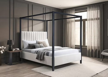 Modern Canopy Platform Bed with Upholstered Headboard,Beige & Black