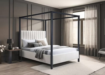 Modern Canopy Platform Bed with Upholstered Headboard,Beige & Black