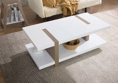 Modern Coffee Table Set with White Top & Natural Wood Base