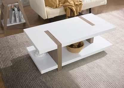 Modern Coffee Table Set with White Top & Natural Wood Base