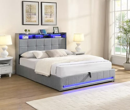 LED Hydraulic Storage Bed with Charging Station,Grey
