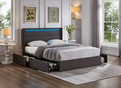 Wingback Storage Bed with LED Lights, Charging Station & Four Drawers,Grey