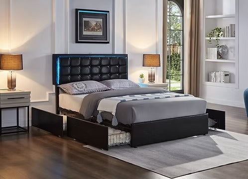 LED Storage Bed with Charging Station & Four Drawers, Black