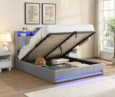 LED Hydraulic Storage Bed with Charging Station,Grey