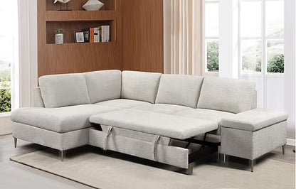 Modern Bouclé Sleeper Sectional with Storage Chaise,Soft Grey
