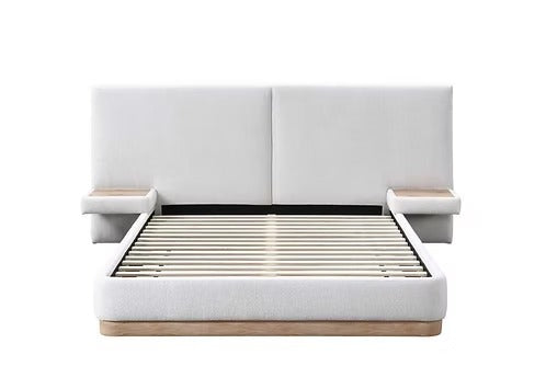 Upholstered Platform Bed with Floating Nightstands,Warm Ivory & Natural Oak