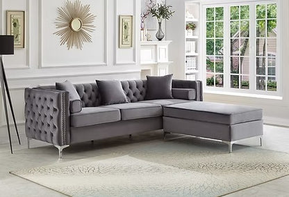 Luxury Grey Velvet Tufted Sectional with Chrome Legs, Grey