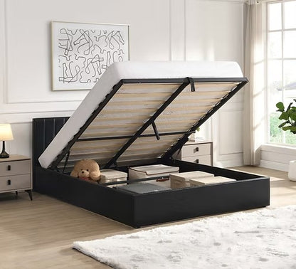 Vertical-Tufted Hydraulic Storage Platform Bed,Black PU