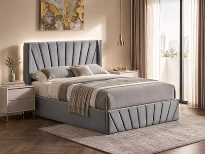 51” Wingback Headboard Fan Tufted Lift Up Storage Bed
