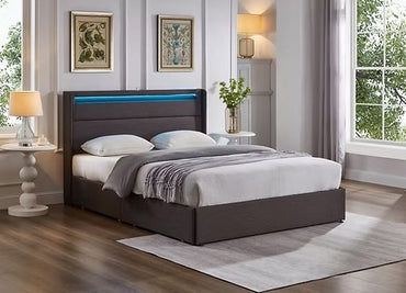 Wingback Storage Bed with LED Lights, Charging Station & Four Drawers,Grey