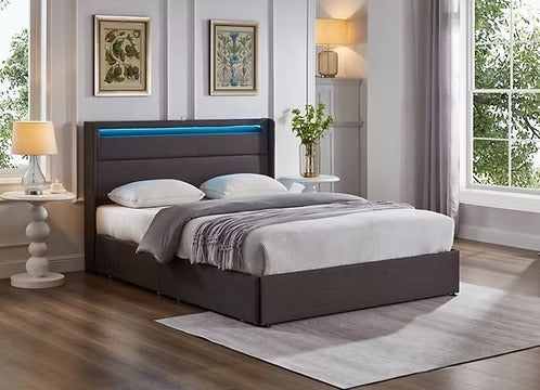 Wingback Storage Bed with LED Lights, Charging Station & Four Drawers,Grey