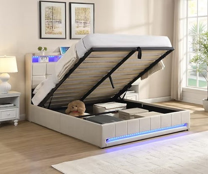 LED Hydraulic Storage Bed with Charging Station,Cream