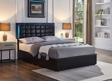 LED Storage Bed with Charging Station & Four Drawers, Black