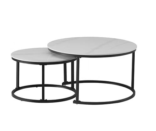 2-Piece Nested Sintered Stone Coffee Table Set – Snow White Marble & Black