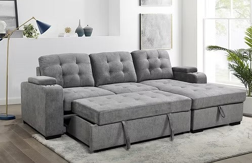 Contemporary Sleeper Sectional with Storage Chaise,Grey