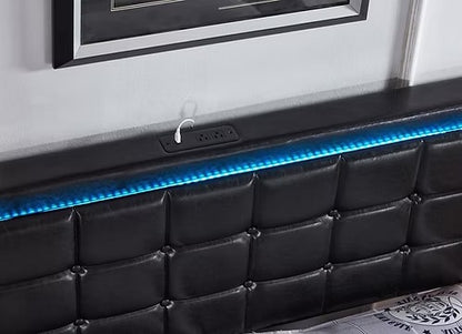 LED Storage Bed with Charging Station & Four Drawers, Black