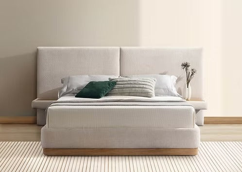 Upholstered Platform Bed with Floating Nightstands,Warm Ivory & Natural Oak