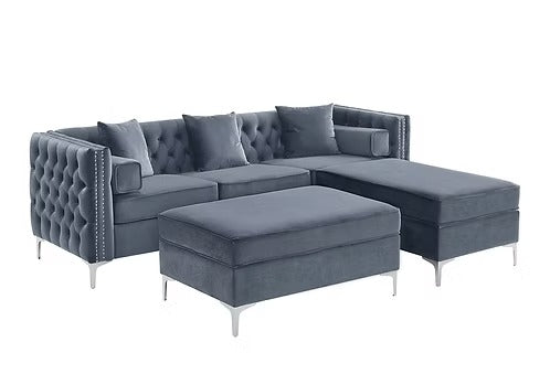 Luxury Grey Velvet Tufted Sectional with Chrome Legs,Grey
