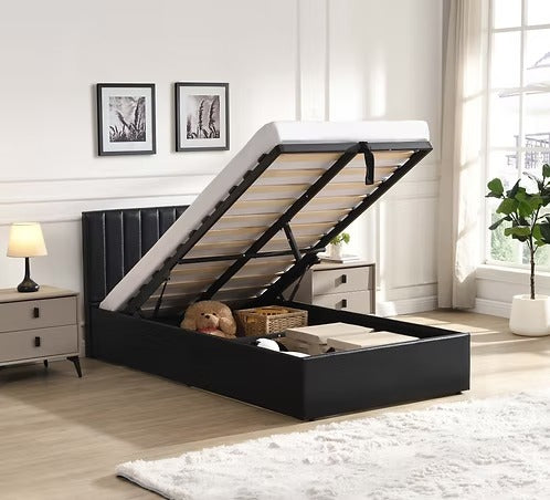 Vertical-Tufted Hydraulic Storage Platform Bed,Black PU
